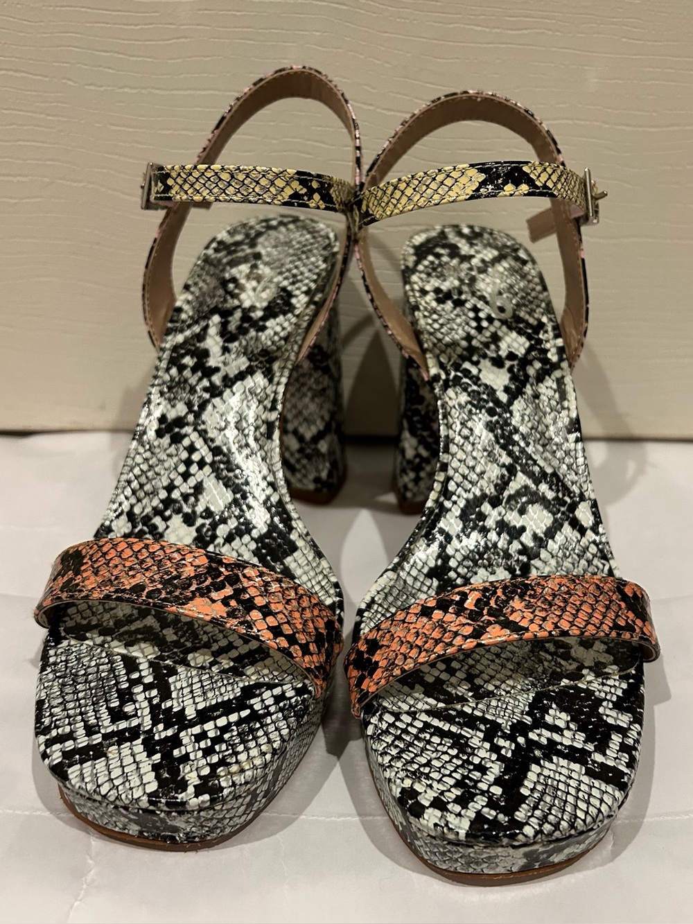 Mix No. 6 Snake-Print Ankle Strap Heels in Black, Yellow & Coral size 8